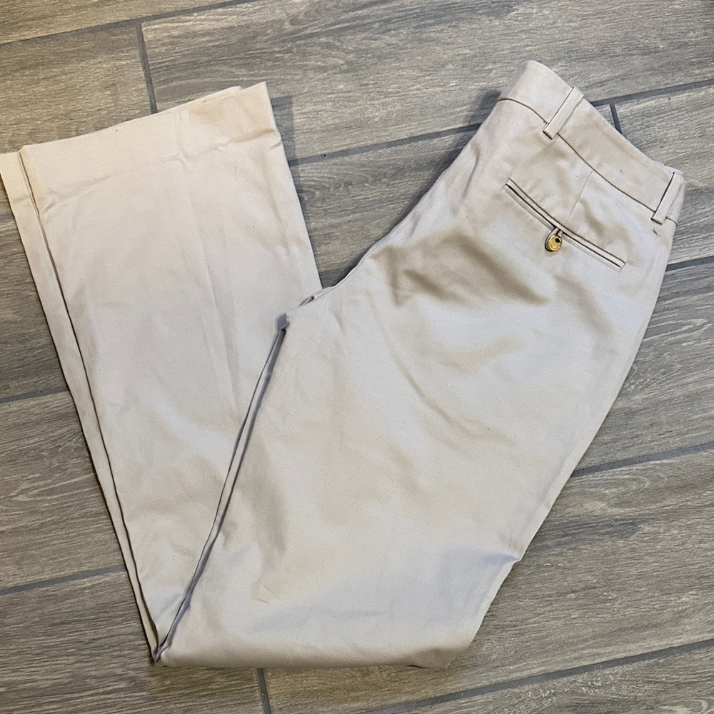 Calvin Klein Light Tan Chinos, Size 2. Gold buttons. Straight leg. Modern Fit